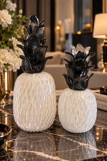 NOVA PINE 2’li El Yapımı Beyaz Füme Cam Ananas Dekoratif Obje Seti – 20 cm & 25 cm