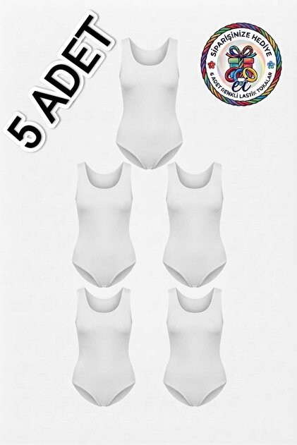 5'li Paket Geniş Askılı Pamuklu Likralı Kancalı Kadın Body Çıtçıtlı Badi - 6 Adet Özel İmalat Toka Hediyeli