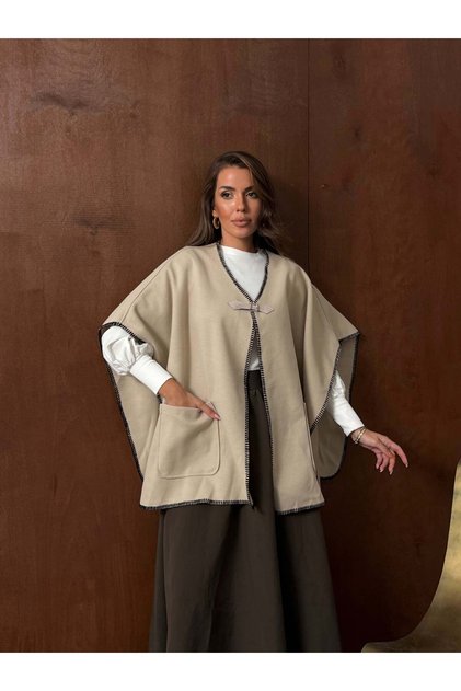 Contrast Stitched Buckle Detailed Poncho / Cape Beige- 0029