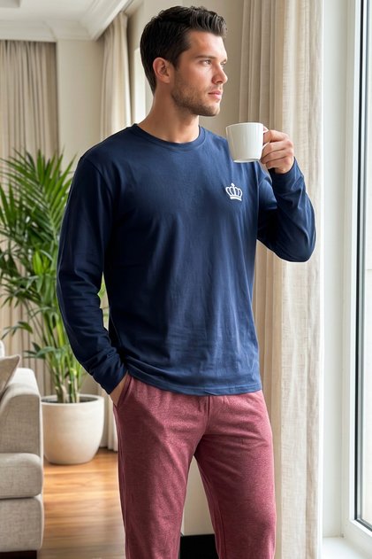 Lacivert Nakışlı Pamuklu Likralı Örme Pijama Takım 26241801-4
