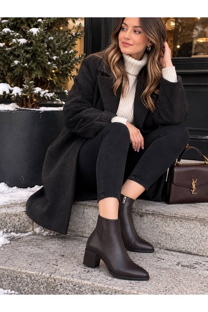 Brown Leather Low-Cut Pointed Heeled Boots
