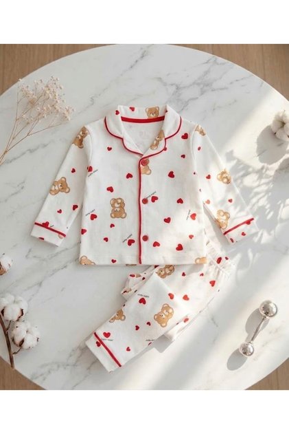 Heart & Teddy Bear Patterned 100% Cotton Baby Collared Pajama Set for Baby Girl