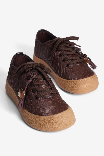 Women's Sneaker with Knitted Pattern, Beaded Tassel Detail, Besa Brown