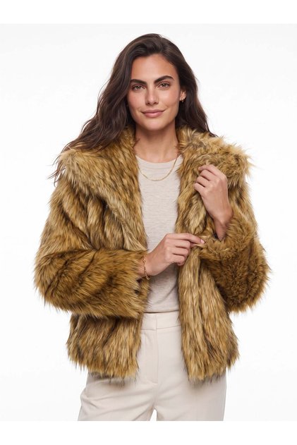 Camel Black Faux Fur Fabric Wide Collar Premium Lined Short Form Polyester Jacket