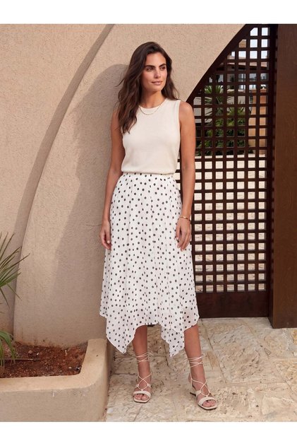 Ecru Black Lightly Draped Fabric Elastic Waist Asymmetrical Cut Lined Polka Dot Midi Skirt