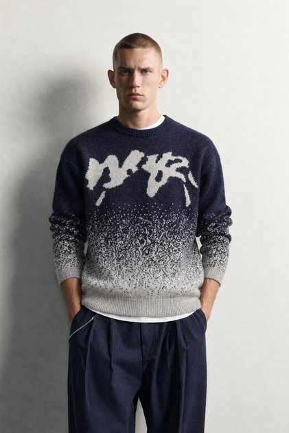 Men's Oversize Patterned Crew Neck Wool Knit Sweater