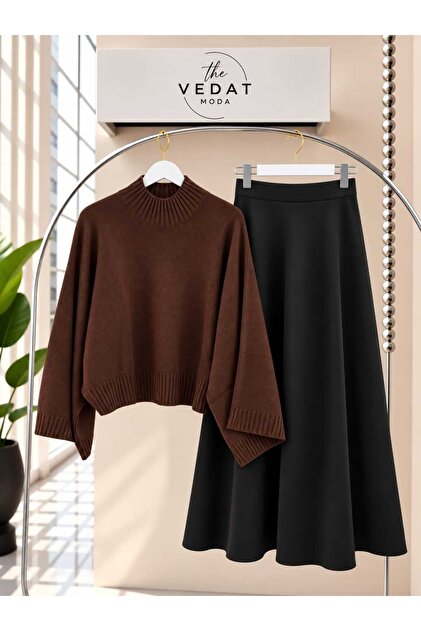 Women's Oversize Knitwear Blouse - Puff Scuba Skirt Set -0500