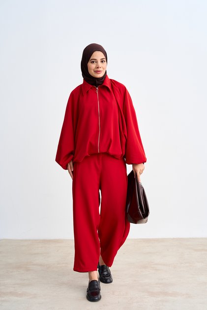 Women's Shirt Collar Zipper Detail Jacket Suit Red