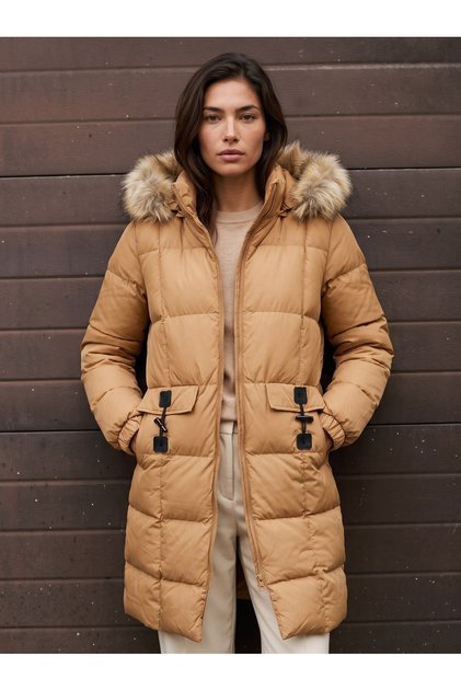 Mink Hooded Comfortable Fit Long Pocketed Zippered Fur-Capped Inflatable Coat