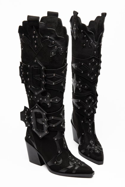 Women's Cowboy Boots Pointed Toe Buckle Metal Detailed Thick Heel Western Boots