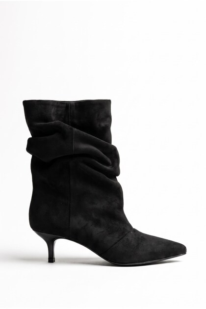 Women's Black Winter Suede Bellows Pointed Toe Hazelnut Heel Short Heeled Boots Como