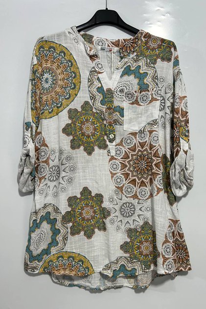 Women's Italian Buttoned Collar Mandala Pattern Pocket Detailed 3/4 Sleeve Blouse