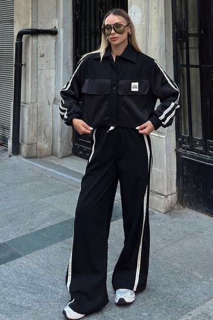 Black Snap Fastener Lined Stripe Detail Jacket and Elastic Waist Wide Leg Pants Women's Top and Bottom Set