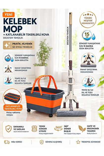 sıkma mekanizmalı kelebek mop ve tekerlekli katlanır kova seti