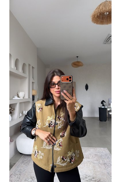 Beaded and Embroidered Sleeves Leather Premium Jacket
