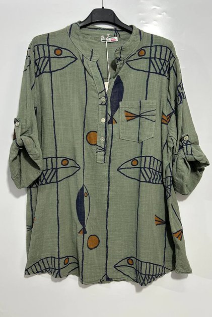 Women's Italian Buttoned Collar Fish Pattern Pocket Detailed 3/4 Sleeve 100% Cotton Blouse