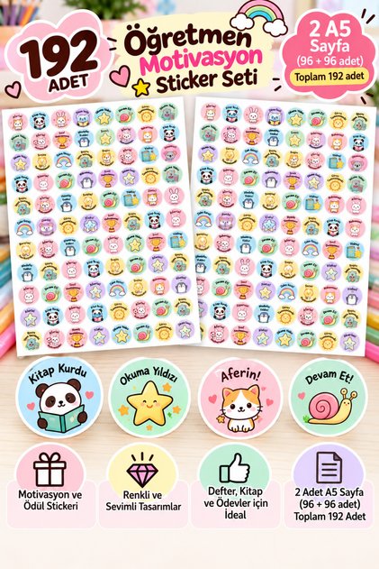 192 Adet Öğretmen Motivasyon Sticker Seti – 2 Adet A5 Ödül ve Başarı Etiketi