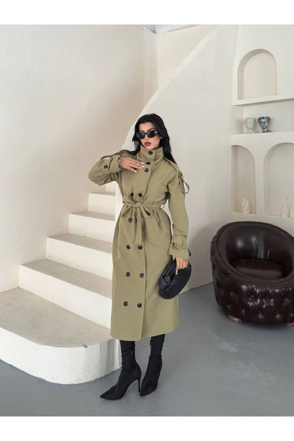 Women's Long Belted Double-Breasted Buttoned Stand-Up Collar Epaulet Seasonal Trench Coat