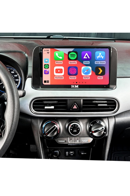 شاشة أندرويد من Roadmaster لسيارة هيونداي كونا موديل 2018-2023 مع إطار، تدعم كار بلاي لاسلكي وأندرويد أوتو، وكاميرا خلفية مدمجة بتقنية AHD.