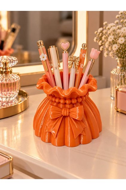 3D Fiyonk Detaylı Makyaj Fırçalık & Dekoratif Vazo 3'lü Set