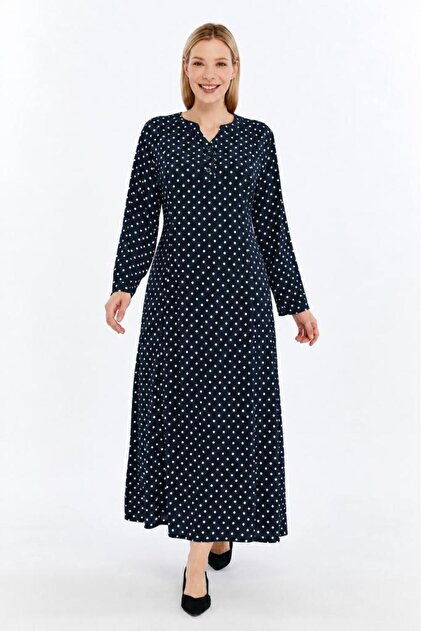 Plus Size Navy Blue Polka Dot Long Sleeve Viscose Hijab Mother's Dress
