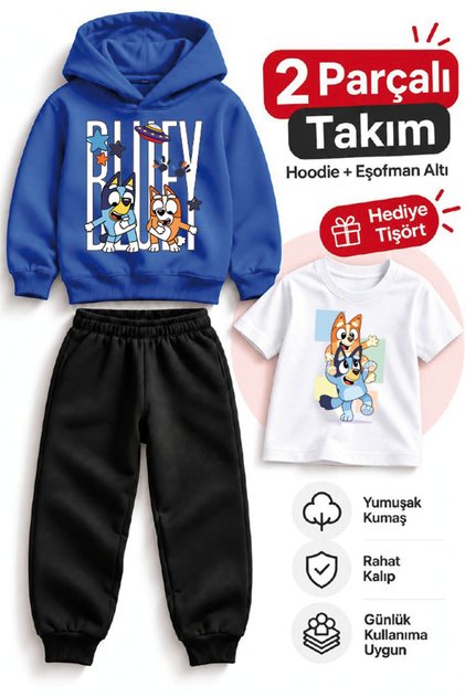 Bluey Baskılı Kapüşonlu Sweatshirt ve Eşofman Altı 2’li Takım + HEDİYE Tişört