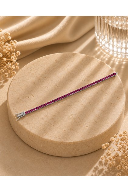 925 Ayar Gümüş Yakut Pembe Taşlı 3 mm Su Yolu Bileklik 14 gr