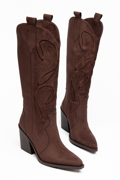 Women's Cowboy Boots - Pointed Toe with Embroidery Detail and Thick Heel