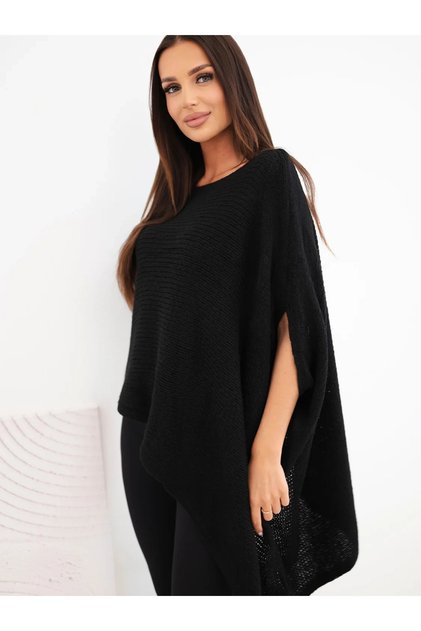 Pulover poncho asimetric negru cu mohair și decolteu larg