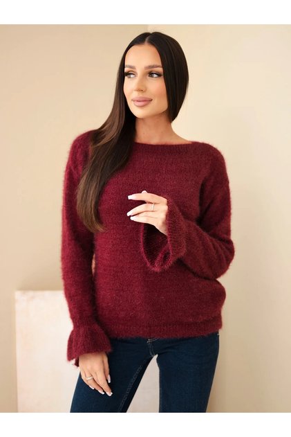 Pulover de damă din mohair și lână, culoarea prunelor, cu volane la mâneci evazate
