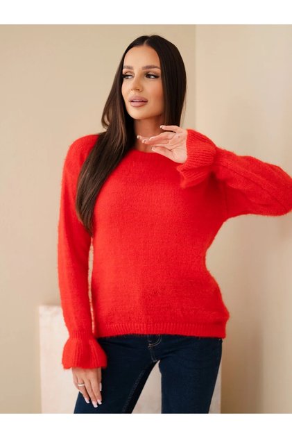Pulover roșu de damă din mohair și lână cu volane la mâneci evazate
