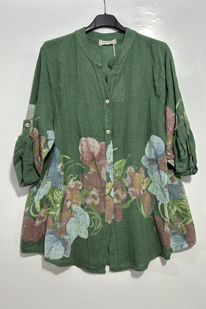 Women's Italian Pictory Pattern 3/4 Sleeve 100% Cotton Loose Shirt Blouse