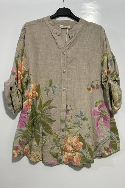 Women's Italian Lily Pattern 3/4 Sleeve 100% Cotton Shirt Blouse