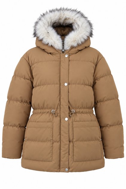 Women's Hooded Fur Detailed Long Puffer Coat with Adjustable Waist.