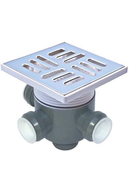 Sifon pardoseală inox 15x15 cm, 3 intrări + 1 ieșire verticală Ø50 mm