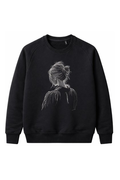 Embroidered Black Plain Sweatshirt Crew Neck Unisex Ribbed Sleeves and Hem Casual Sweatshirt