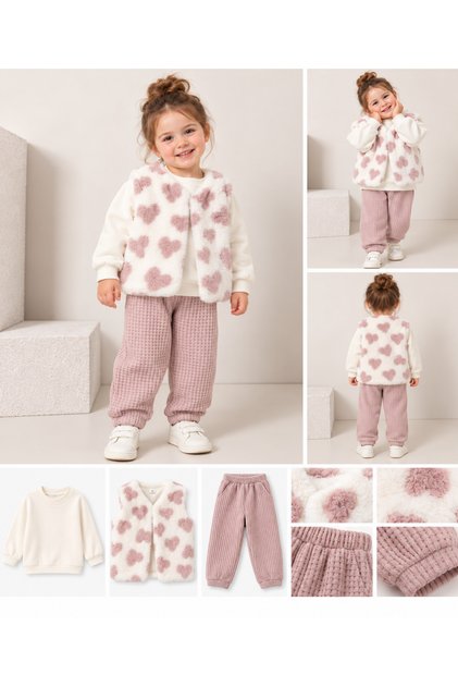 Kız Çocuk Kalp Desenli Peluş Yelek Sweatshirt Pantolon 3'lü Takım