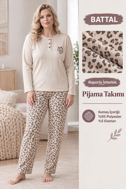 Kadın Düğme Yaka Raporlu İnterlok KIŞLIK Battal Pijama Takımı 02995 - 1 Adet