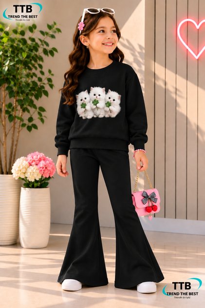 Winter, Spring, and Autumn Girls' Black Spanish Flared Bottoms and Black Sweat Top