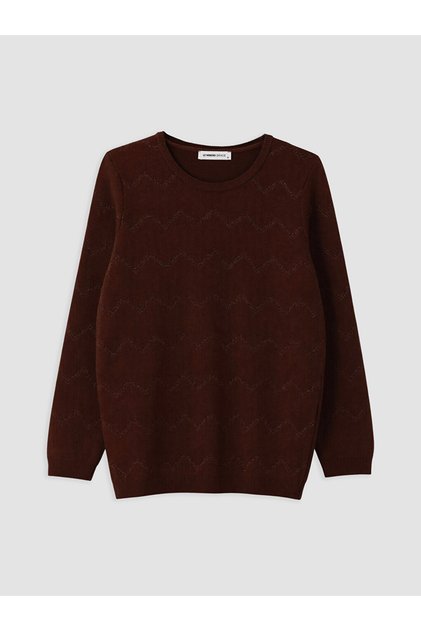 Brown Crew Neck Zigzag Patterned Women's Knitwear Sweater
