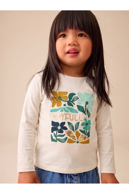 Girl's Embroidered Combed Cotton Long Sleeve Tshirt Beige