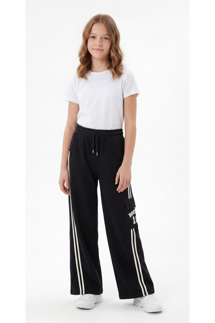 Palazo Long-Cut Cargo Pants with Pockets and Striped Sides, Printed Girls' Sweatpants