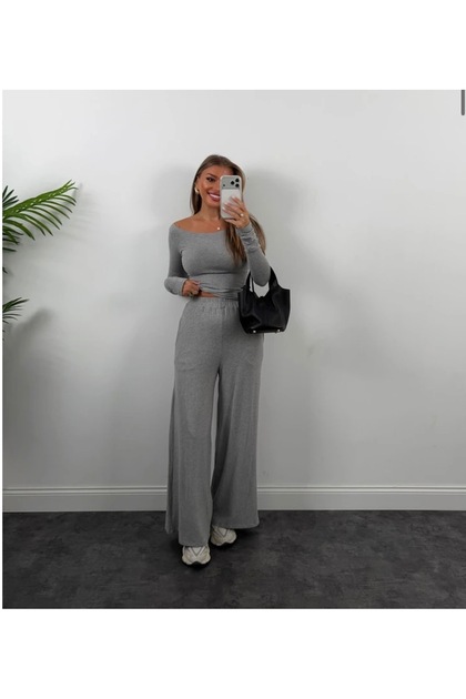 Premium Seri Organik Kumaş Kayık Yaka Bluz Palazzo Takım Gri Melanj
