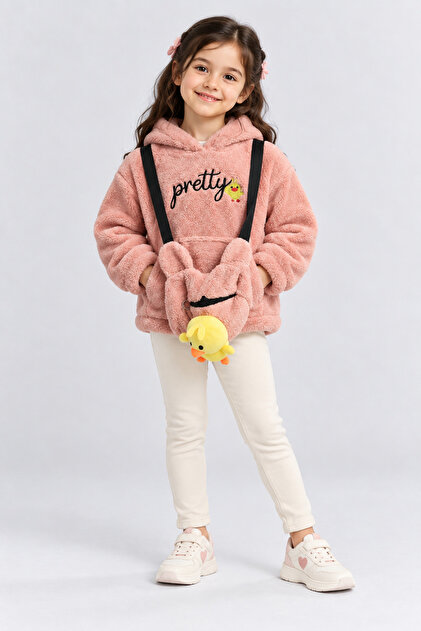 Girl's Plush Hooded Sweatshirt with Pretty Embroidery, Toy Accessories and Bag, Winter Top Ak4130