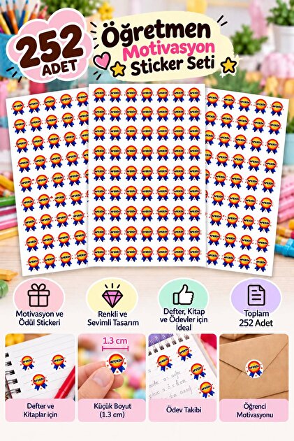 252 Adet Aferin Madalya Sticker – Öğretmen Motivasyon Ödül ve Başarı Etiketi