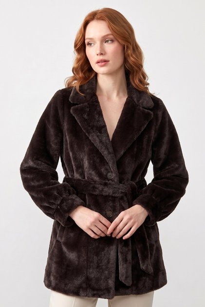 Double-Breasted Collar Belted Buttoned Soft Textured Plush Coat