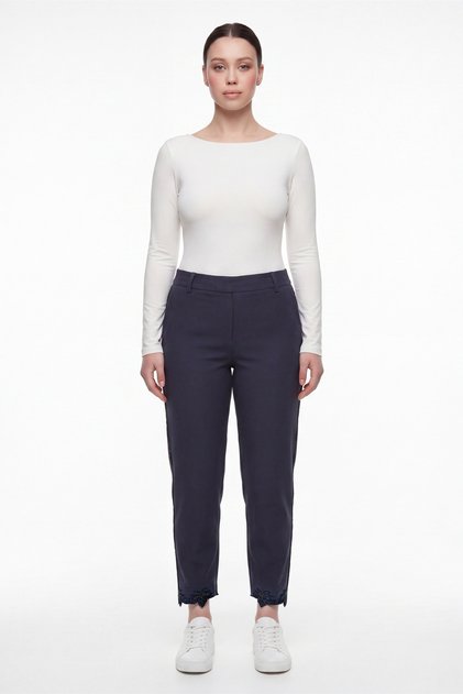 Women's Navy Blue Winter Trousers with Stone Leaf Motifs and Stone Detailing on the Sides