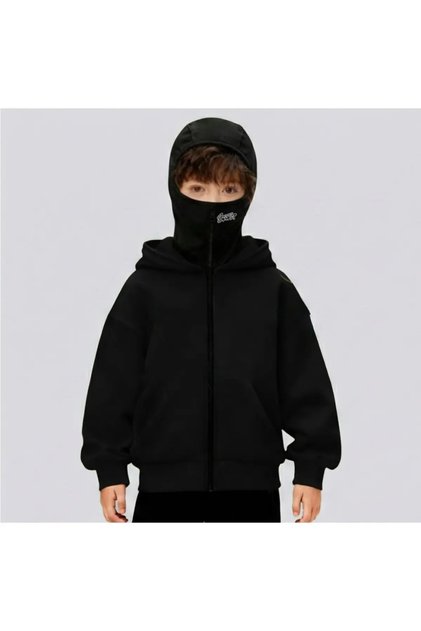 Hooded Ninja Printed Oversize Sweatshirt Black Unisex Winter Pocketed Sweatshirt