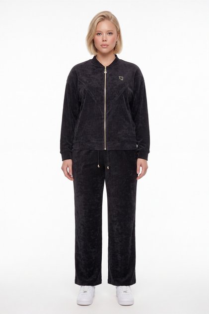 Women's Black Winter Tracksuit Set with Adjustable Waist, Front Zipper, Stone Detail, and Accessories
