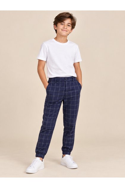 Belden Checked Pants with Pockets - Navy Blue